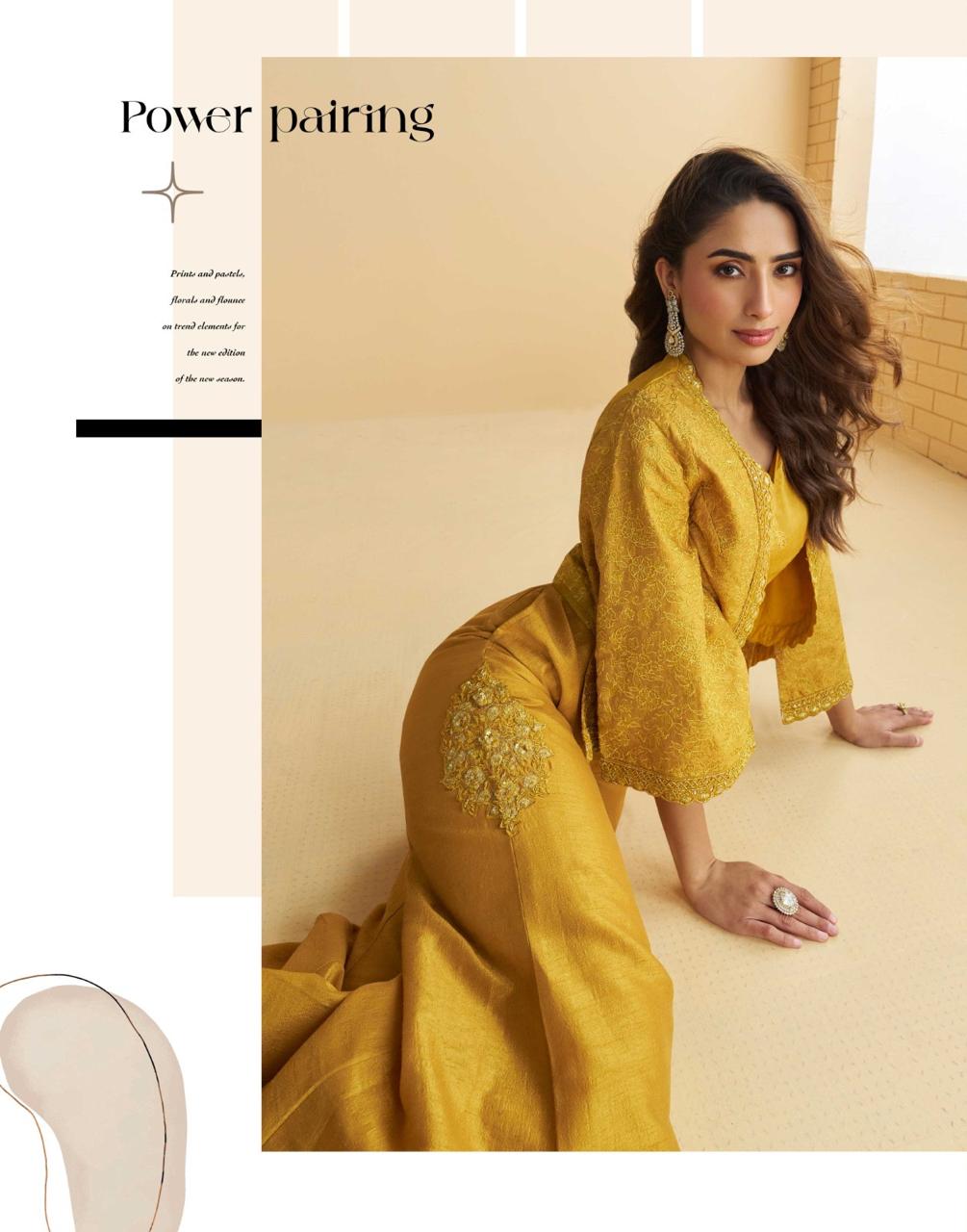 Woman in a yellow traditional outfit with text 'Power pairing' on a beige background