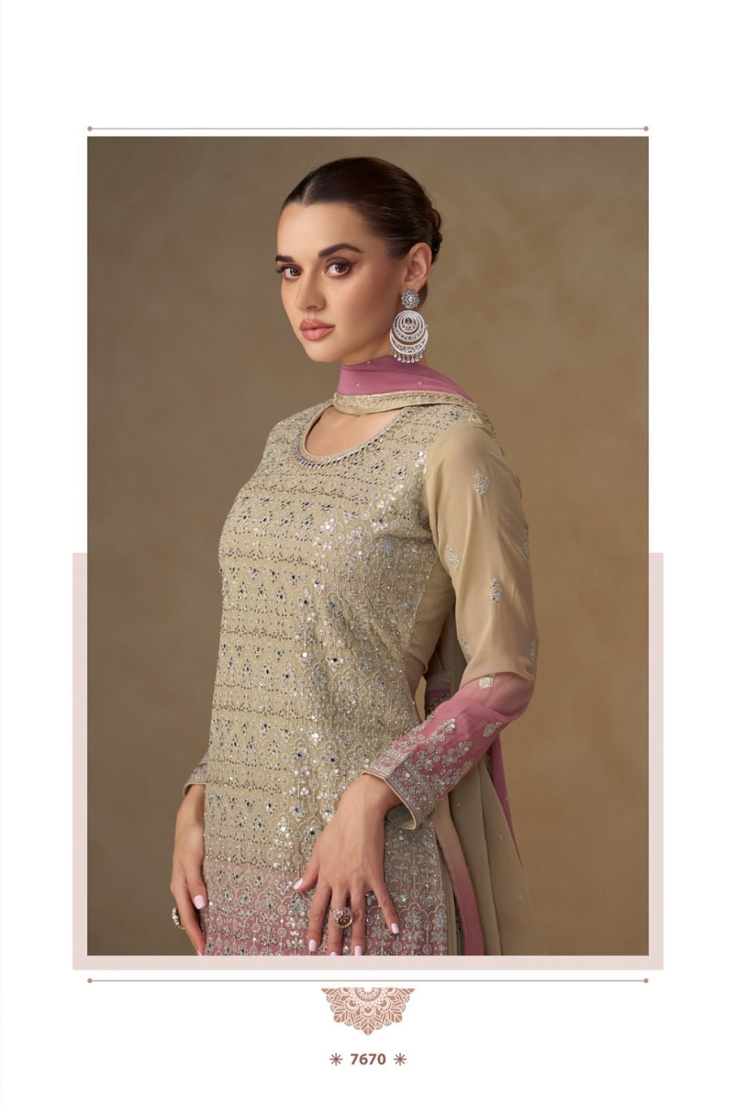 Woman wearing a traditional outfit with sequin details on a brown background